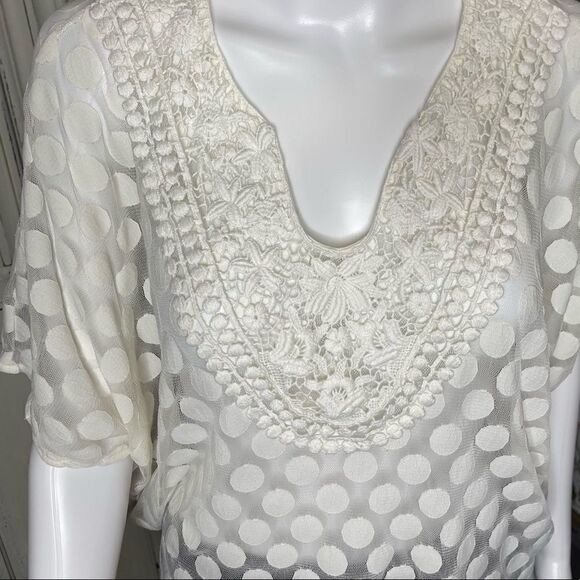 Alfani Off White Sheer Embroidered Neckline Pullover Blouse Top Size PM - Picture 6 of 12